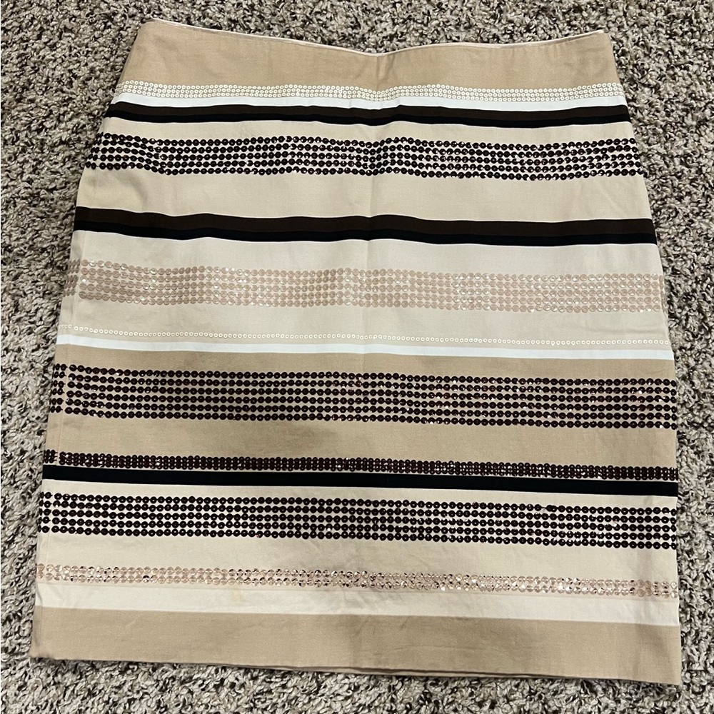 White House Black Market Beige and Black Striped Sequin Pencil Skirt